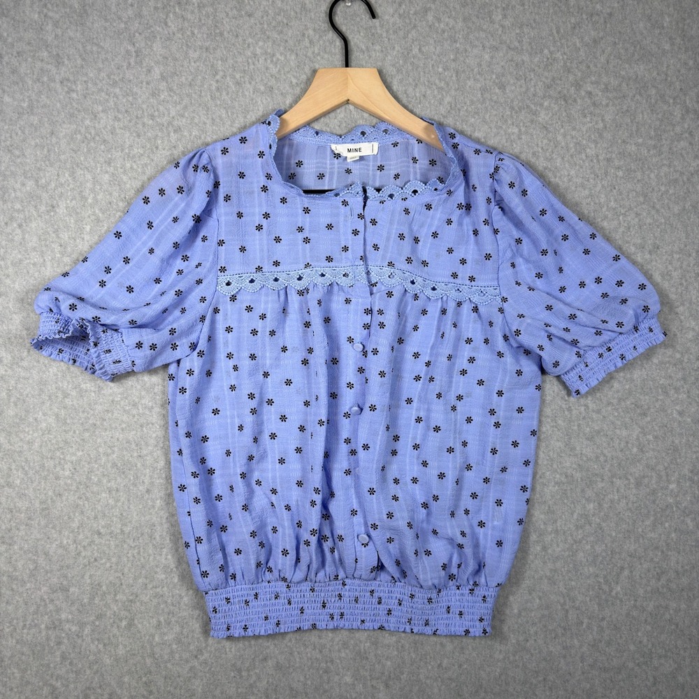 MINE Womens Blue Floral Lace Trim Smocked Hem Button Front Blouse Size M